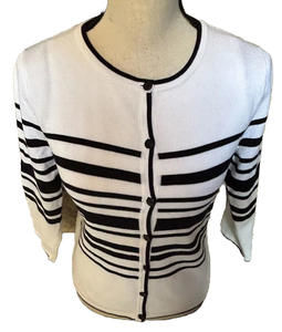 Pendleton Cropped Cardigan Sweater/ Top Petite 3/4 Sleeve White Black Stripes